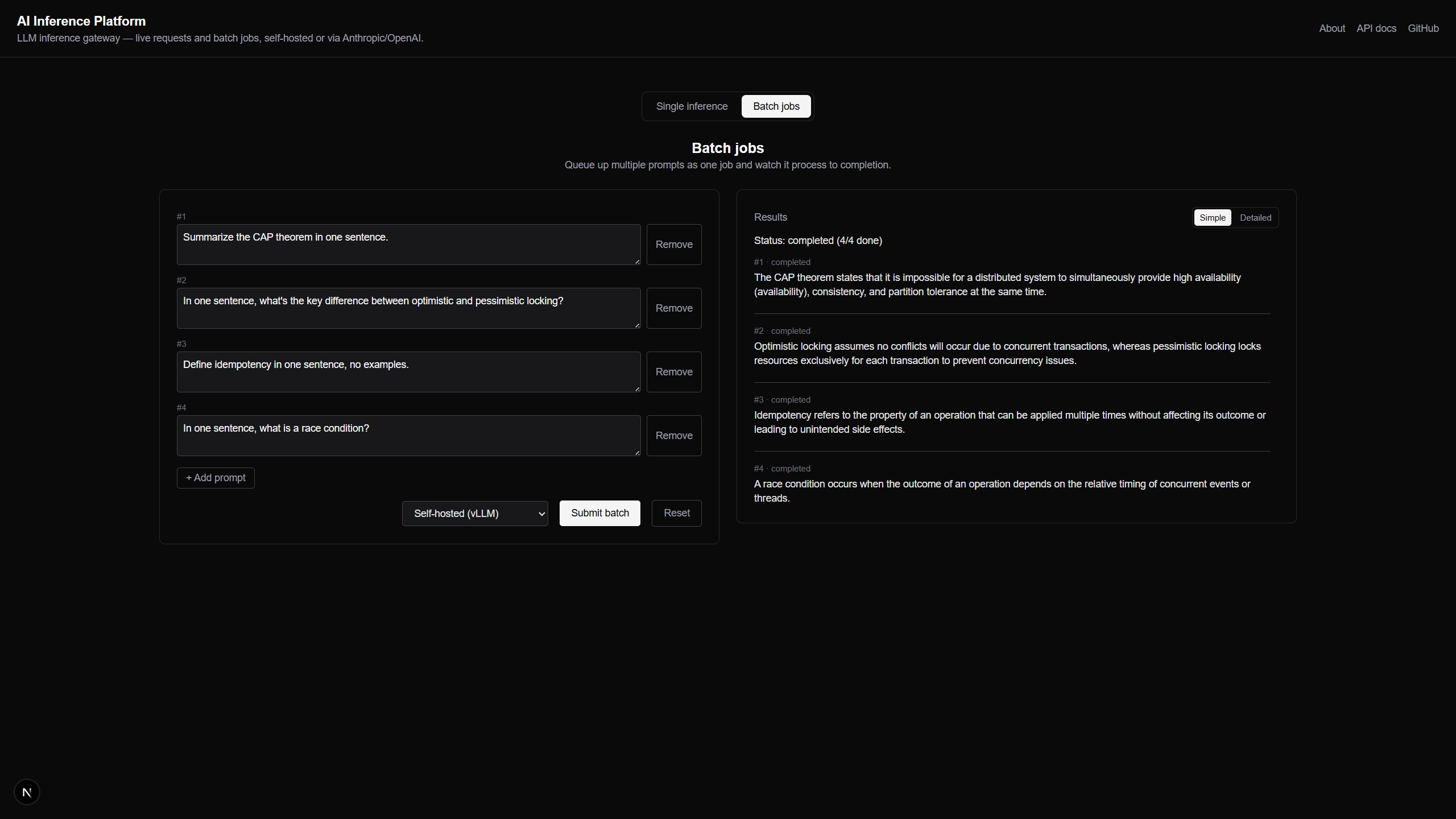 AI Inference Platform — batch job view