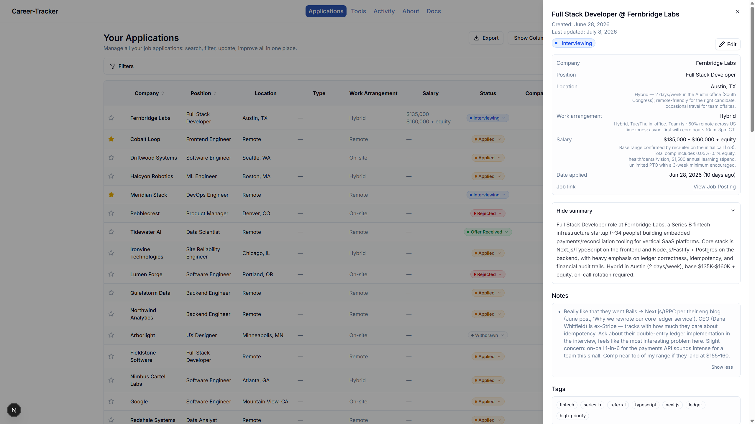Career-Tracker.ca application drawer overview