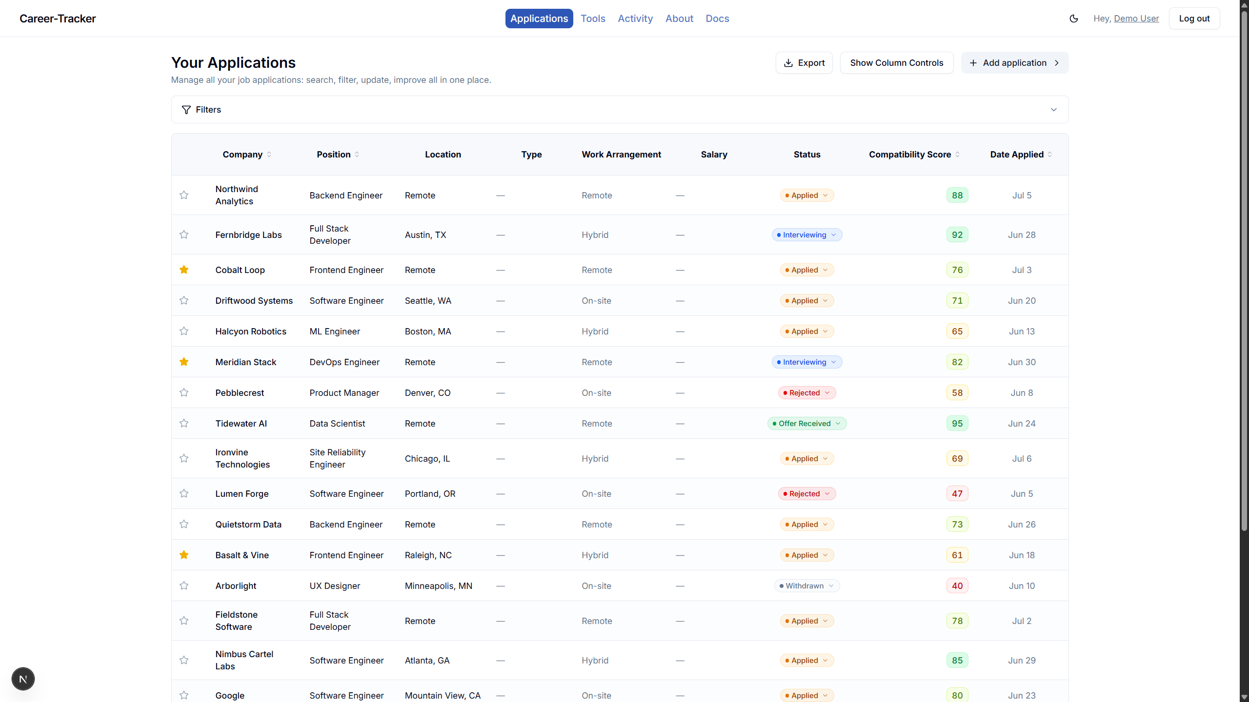 Career-Tracker.ca applications table